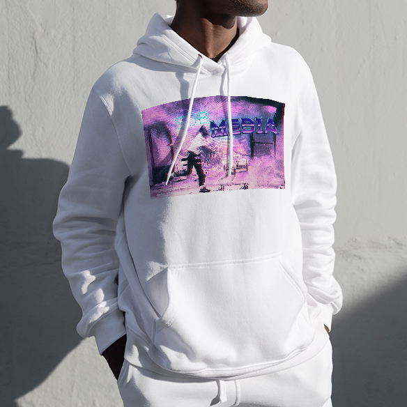 Submedia hoodie featuring vaporwave motif on model
